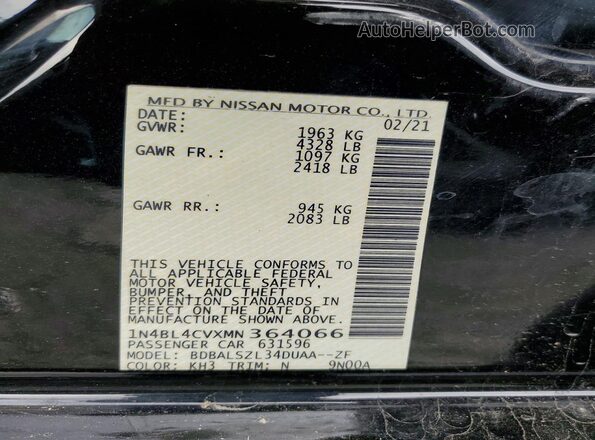 1N4BL4CVXMN364066 2021 NISSAN ALTIMA Black Widok komory silnika