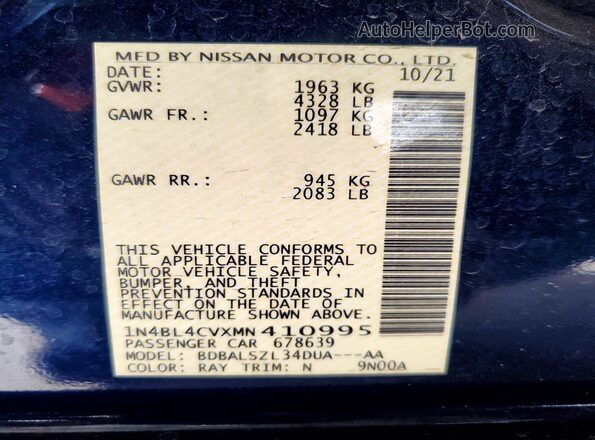 1N4BL4CVXMN410995 2021 NISSAN ALTIMA Blue Vista del compartimento del motor