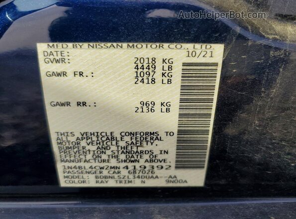 1N4BL4CW2MN419392 2021 NISSAN ALTIMA Blue Widok komory silnika