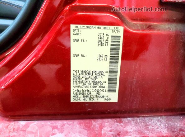 1N4BL4CW4KC190951 2019 NISSAN ALTIMA Red Vista de la etiqueta del VIN