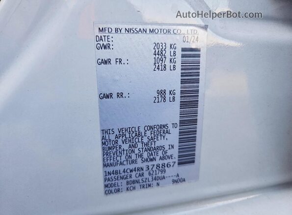 1N4BL4CW4RN378867 2024 NISSAN ALTIMA Gray Widok naklejki z numerem VIN