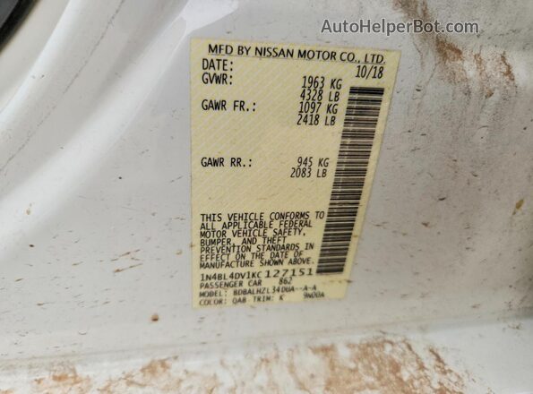 1N4BL4DV1KC127151 2019 NISSAN ALTIMA White Вид підкапотного простору