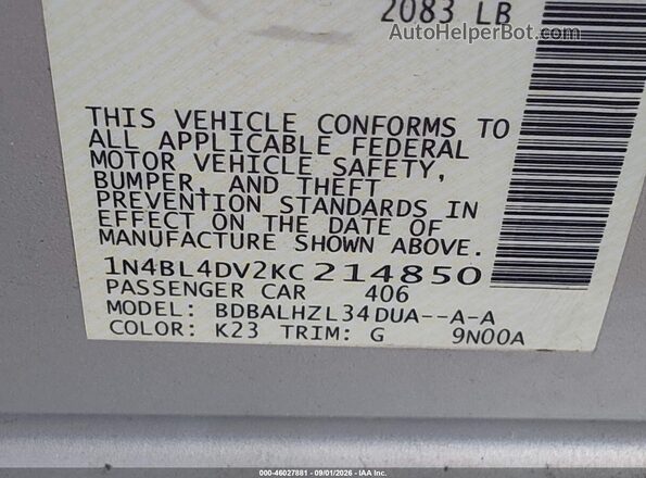 1N4BL4DV2KC214850 2019 NISSAN ALTIMA Silver Widok komory silnika