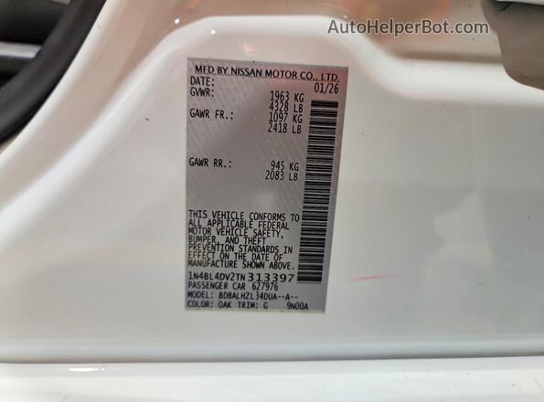 1N4BL4DV2TN313397 2026 NISSAN ALTIMA White VIN კოდის სტიკერის ხედი
