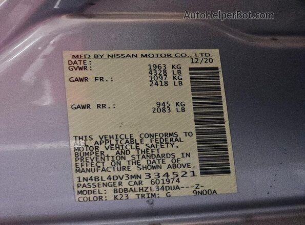 1N4BL4DV3MN334521 2021 NISSAN ALTIMA Silver ძრავის განყოფილების ხედი