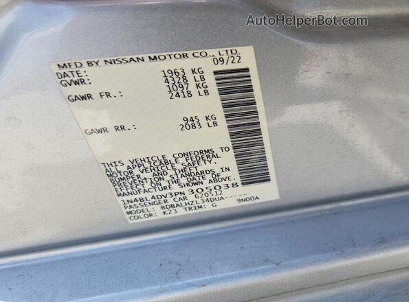 1N4BL4DV3PN305038 2023 NISSAN ALTIMA Silver VIN կոդի պիտակի տեսք