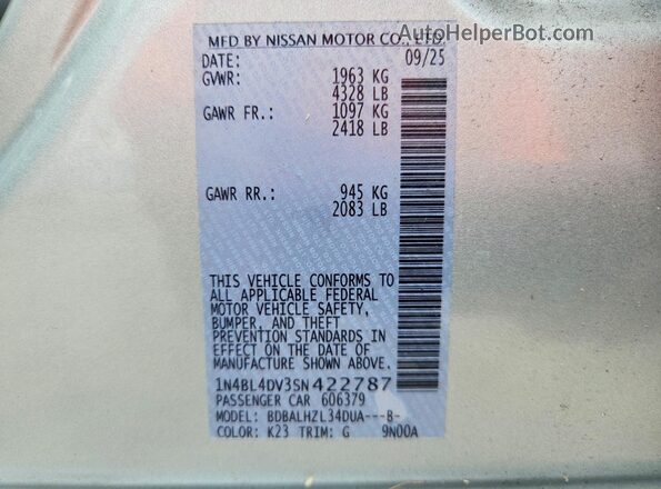 1N4BL4DV3SN422787 2025 NISSAN ALTIMA Белый Вид наклейки с VIN-кодом