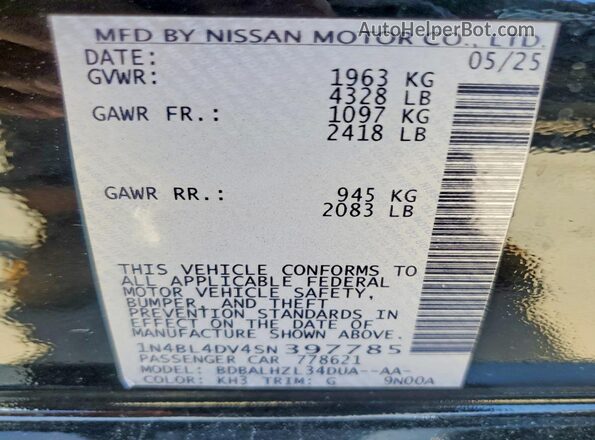 1N4BL4DV4SN397785 2025 NISSAN ALTIMA Black VIN კოდის სტიკერის ხედი