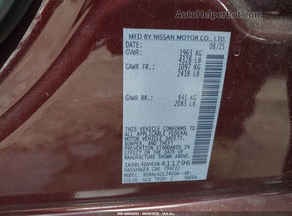 1N4BL4DV4SN411796 2025 NISSAN ALTIMA Maroon Вид підкапотного простору