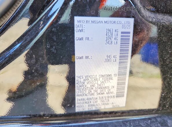 1N4BL4DV5SN385998 2025 NISSAN ALTIMA Black VIN կոդի պիտակի տեսք