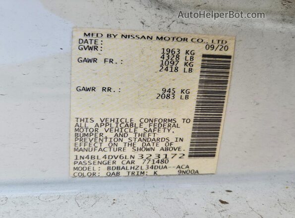 1N4BL4DV6LN323172 2020 NISSAN ALTIMA White Вид підкапотного простору
