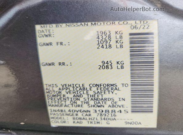1N4BL4DV6NN398845 2022 NISSAN ALTIMA Gray VIN sticker view