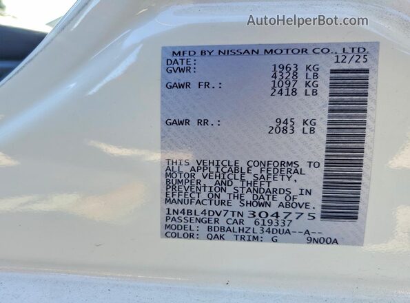 1N4BL4DV7TN304775 2026 NISSAN ALTIMA Белый Вид наклейки с VIN-кодом