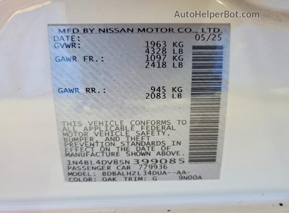 1N4BL4DV8SN399085 2025 NISSAN ALTIMA Белый Вид подкапотного пространства