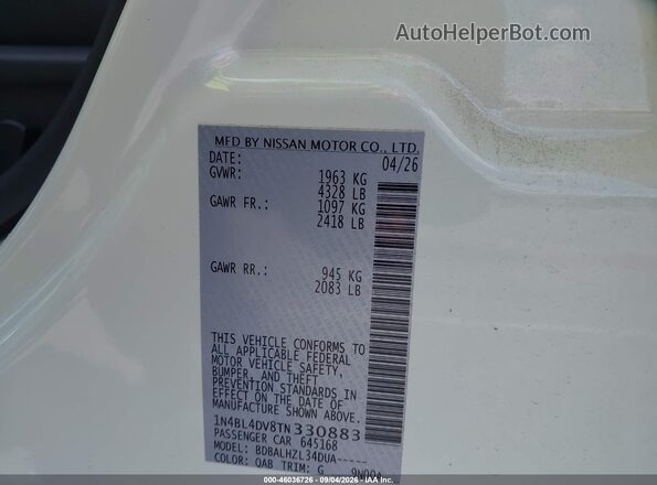 1N4BL4DV8TN330883 2026 NISSAN ALTIMA White Vista del compartimento del motor