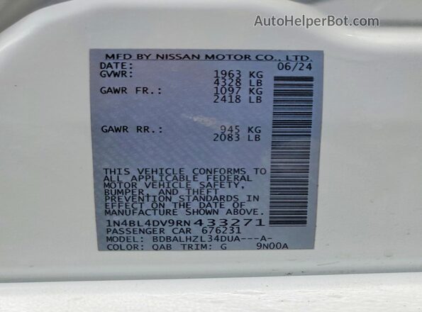 1N4BL4DV9RN433271 2024 NISSAN ALTIMA White Вид наклейки з VIN-кодом