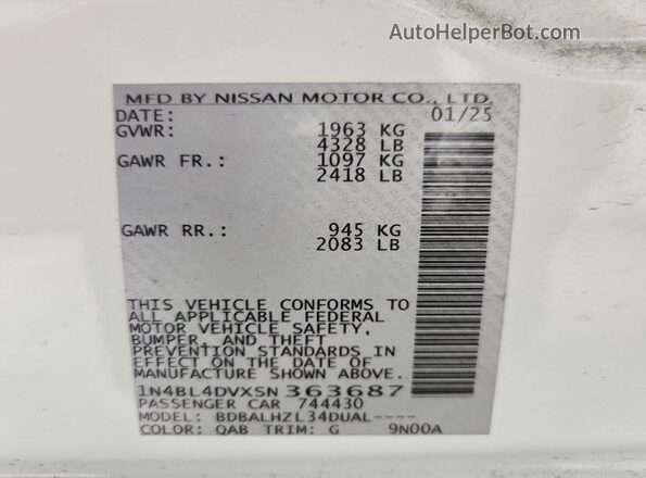 1N4BL4DVXSN363687 2025 NISSAN ALTIMA Белый Вид наклейки с VIN-кодом