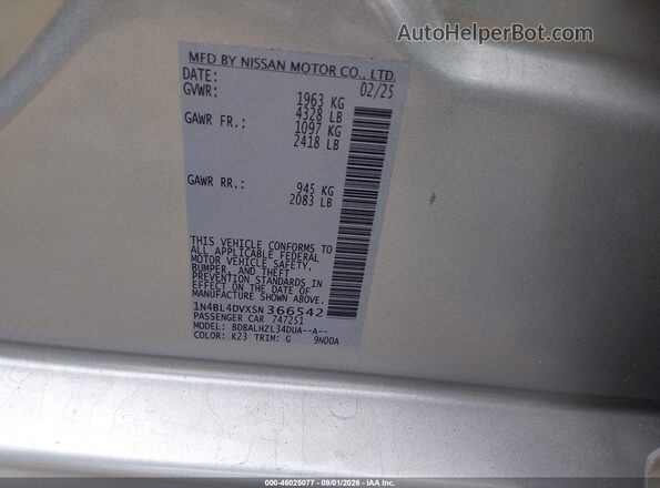 1N4BL4DVXSN366542 2025 NISSAN ALTIMA Silver Вид підкапотного простору