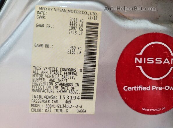 1N4BL4DW5KC153194 2019 NISSAN ALTIMA Silver Widok komory silnika