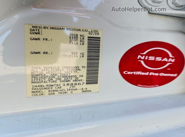1N4BL4DW7KC188867 2019 NISSAN ALTIMA White ძრავის განყოფილების ხედი
