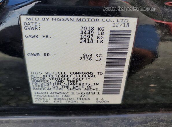 1N4BL4DW9KC156891 2019 NISSAN ALTIMA Black Vista del compartimento del motor
