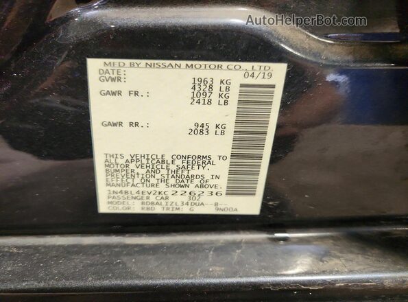 1N4BL4EV2KC226236 2019 NISSAN ALTIMA Charcoal Widok naklejki z numerem VIN