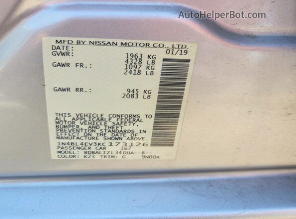 1N4BL4EV3KC173126 2019 NISSAN ALTIMA Серебряный Вид подкапотного пространства
