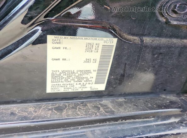 1N4BL4EV4KC183292 2019 NISSAN ALTIMA Черный Вид подкапотного пространства
