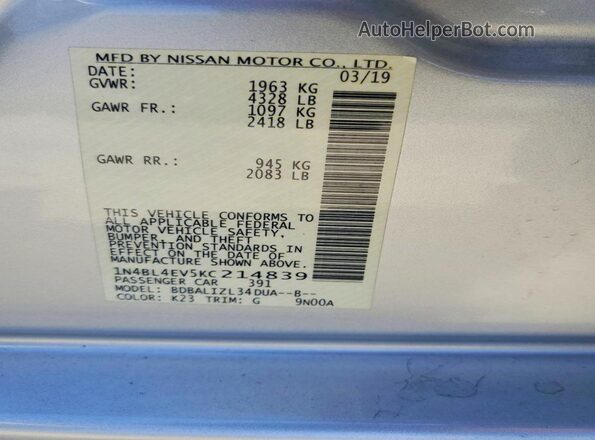 1N4BL4EV5KC214839 2019 NISSAN ALTIMA Silver Vista del compartimento del motor