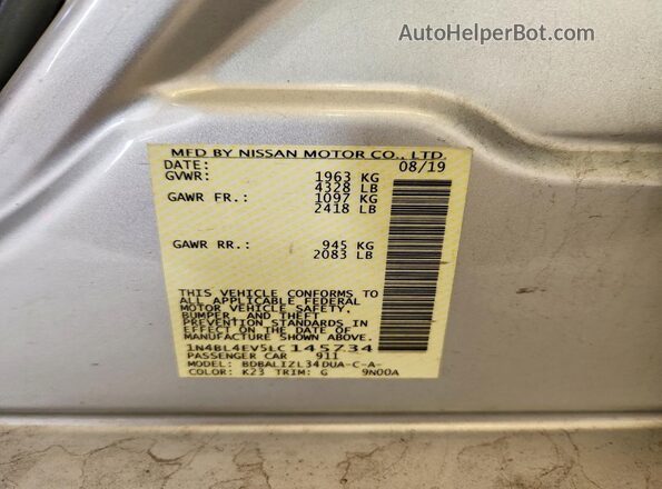 1N4BL4EV5LC145734 2020 NISSAN ALTIMA Silver Вид наклейки з VIN-кодом