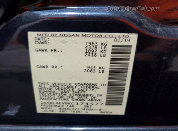 1N4BL4EV8KC174577 2019 NISSAN ALTIMA Black Вид наклейки з VIN-кодом