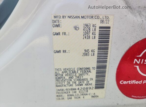 1N4BL4EV8NN420892 2022 NISSAN ALTIMA White Widok komory silnika