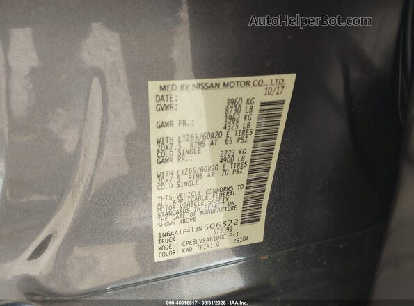 1N6AA1F41JN506522 2018 NISSAN TITAN XD Gray Vista del compartimento del motor
