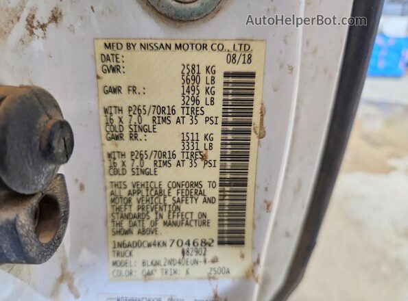 1N6AD0CW4KN704682 2019 NISSAN FRONTIER White Vista del compartimento del motor