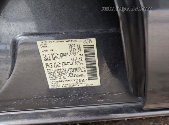 1N6AD0EV2KN773620 2019 NISSAN FRONTIER Gray Widok komory silnika