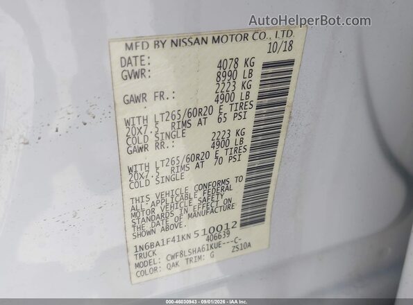 1N6BA1F41KN510012 2019 NISSAN TITAN XD White Vista del compartimento del motor