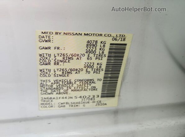 1N6BA1F44JN540233 2018 NISSAN TITAN White Вид підкапотного простору