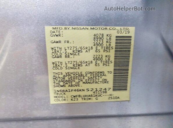 1N6BA1F46KN521247 2019 NISSAN TITAN Silver Engine compartment view