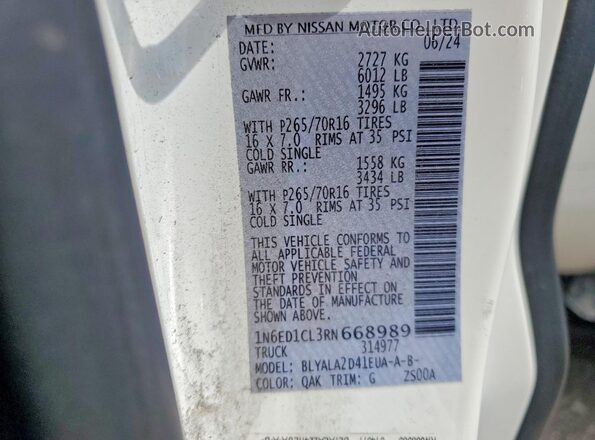 1N6ED1CL3RN668989 2024 NISSAN FRONTIER Белый Вид подкапотного пространства