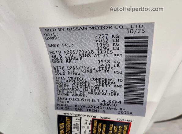 1N6ED1CL6TN614304 2026 NISSAN FRONTIER Белый Вид подкапотного пространства