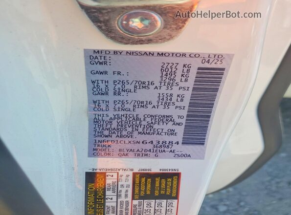 1N6ED1CLXSN643884 2025 NISSAN FRONTIER White Շարժիչի բաժամունքի տեսք