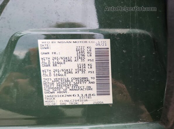 1N6ED1EK2NN611486 2022 NISSAN FRONTIER Зеленый Вид подкапотного пространства