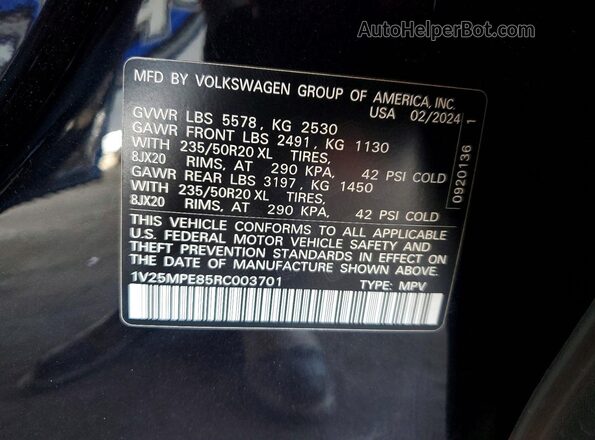 1V25MPE85RC003701 2024 VOLKSWAGEN ID.4 Black VIN sticker view