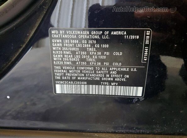 1V26C2CA0LC202498 2020 VOLKSWAGEN ATLAS Black VIN կոդի պիտակի տեսք