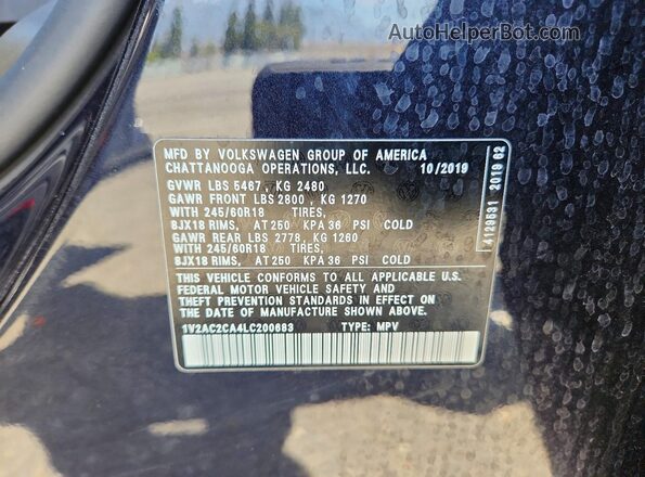 1V2AC2CA4LC200683 2020 VOLKSWAGEN ATLAS Black Вид наклейки з VIN-кодом
