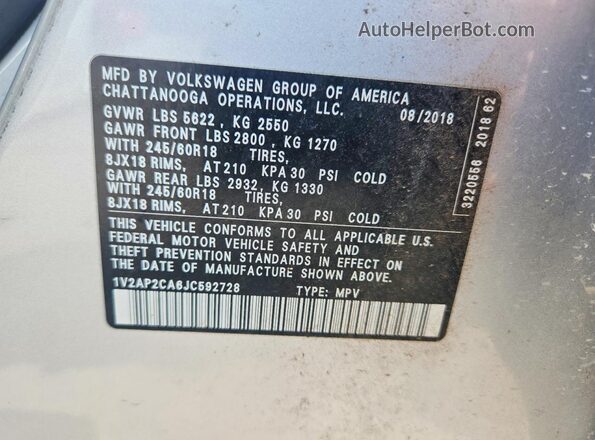 1V2AP2CA6JC592728 2018 VOLKSWAGEN ATLAS Silver Engine compartment view
