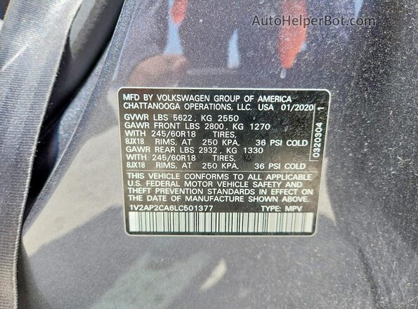 1V2AP2CA6LC501377 2020 VOLKSWAGEN ATLAS Gray Vista de la etiqueta del VIN
