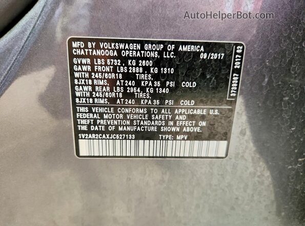 1V2AR2CAXJC527133 2018 VOLKSWAGEN ATLAS Gray VIN sticker view