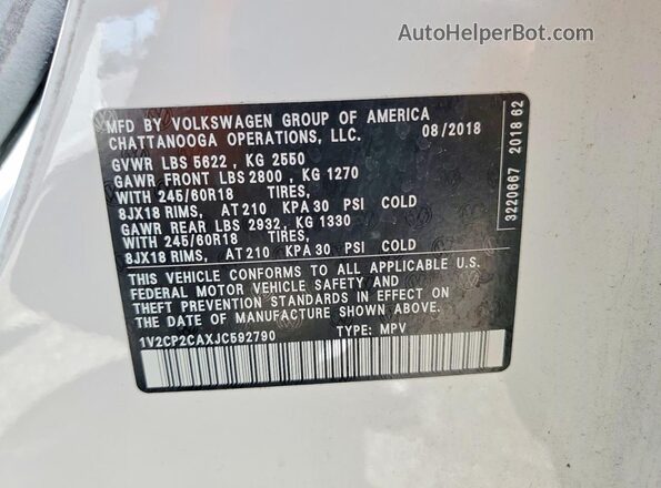 1V2CP2CAXJC592790 2018 VOLKSWAGEN ATLAS White Widok wnętrza 360 stopni