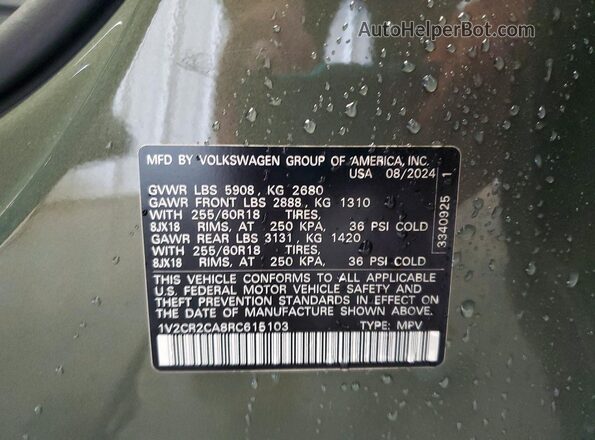 1V2CR2CA8RC615103 2024 VOLKSWAGEN ATLAS Green Вид наклейки з VIN-кодом